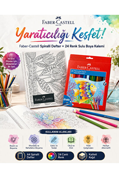 Faber Castell Faber-Castell 24’lü Sulu Boya Kalemi + 80 Yaprak A4 Spiralli Ma...