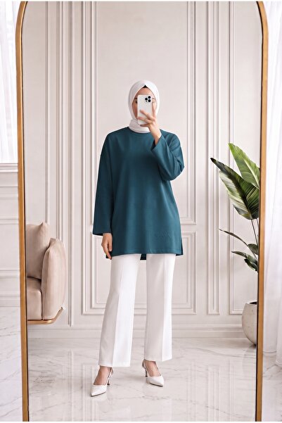 MİHRA STORE Mahay Heart Embroidered Slit Tunic-Ss13074 Petrol Blue