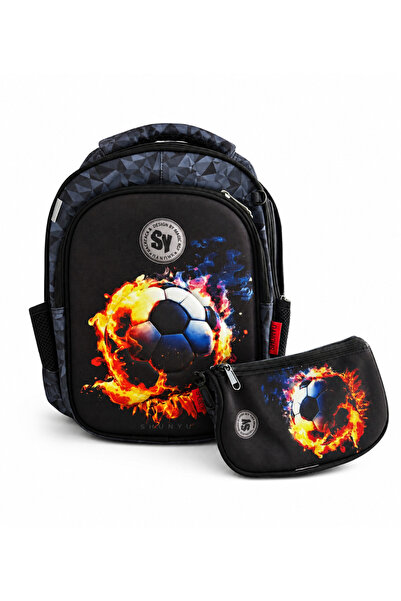 DDA School Backpack for Boys with Pencil Case Included, Flaming Soccer Ball P...
