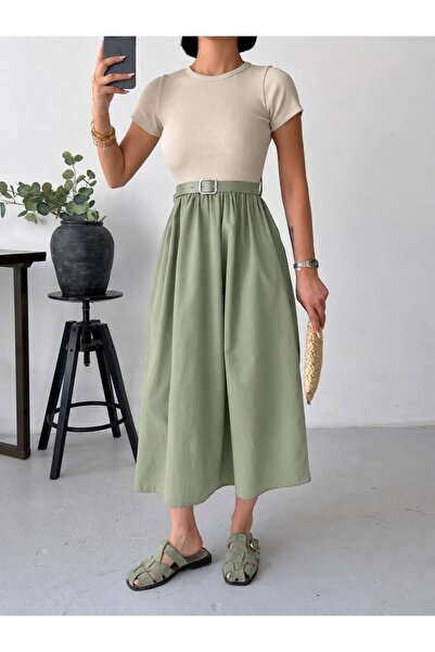 NEW JOURNAL Women's Çağla Crew Neck Belted Poplin Skirted Maxi Dress Get26379
