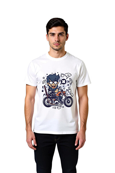 PayBuy Cartoon Man Motorcycle Line Art Printed Men's T-Shirt