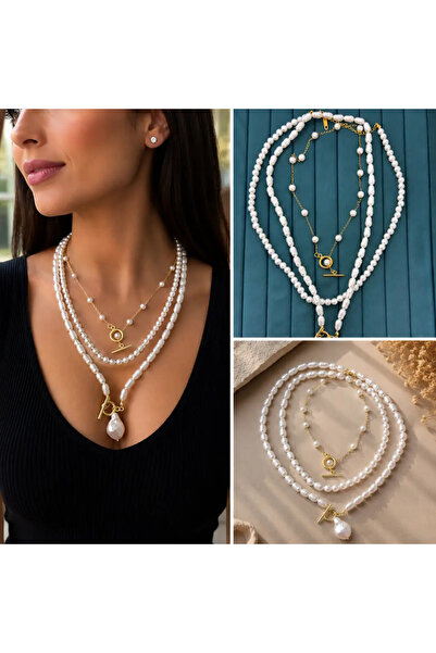 Bozhi Gold Color Pearl Detailed Multi-Layered Necklace with Drop Pearl End in...