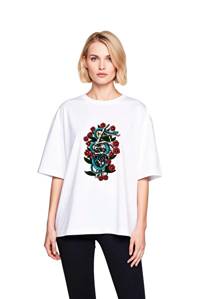 PayBuy Tricou oversize pentru femei, cu imprimeu manual cu șarpe albastru și ...
