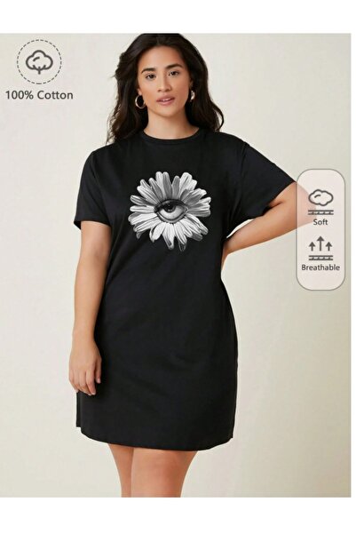 classy moda Μπλουζάκι Oversize Extra Long Tunik με σχέδιο μαργαρίτας και μοτί...