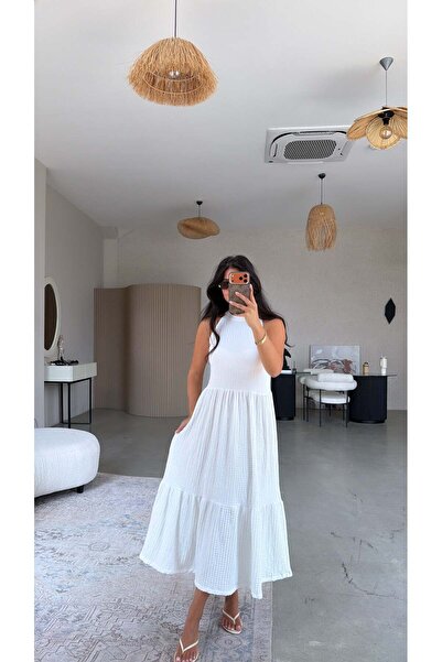 Buket Teke White Bubble Halter Neck Dress