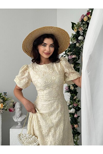 Clothes Fast Rochie midi bej pentru femei, cu decolteu tip bicicletă, cu impr...