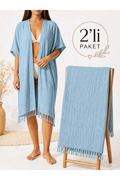 Blue Burgeon Kadın Müslin Kimono & Peştemal 2’li Plaj Seti – %100 Pamuk