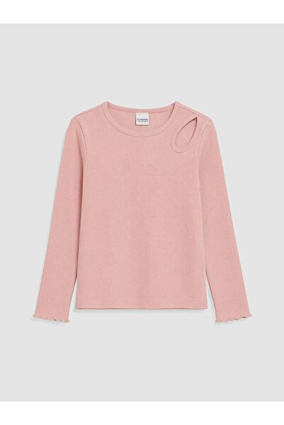 LC Waikiki Pink Crew Neck T-Shirt with Window Detail for Girls