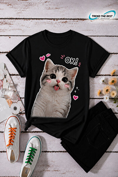 TREND THE BEST Trendin En İyisi Summer Ok! Written Cat and Small Hearts Print...
