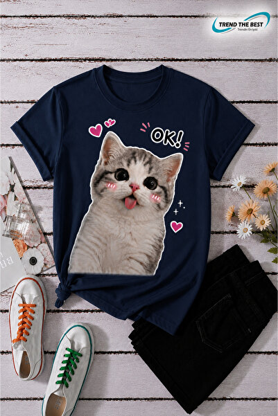 TREND THE BEST Trendin En İyisi Summer Ok! Written Cat and Small Hearts Print...