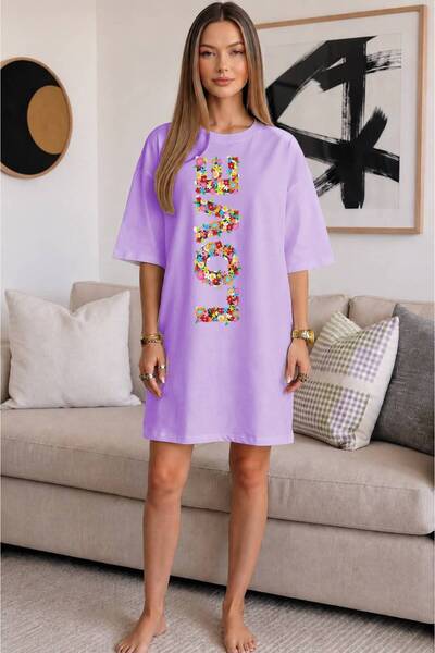 JANTIL MODA تي شيرت تونيك طويل جدًا وواسع الحجم بياقة دائرية ونقشة زهور وطباع...