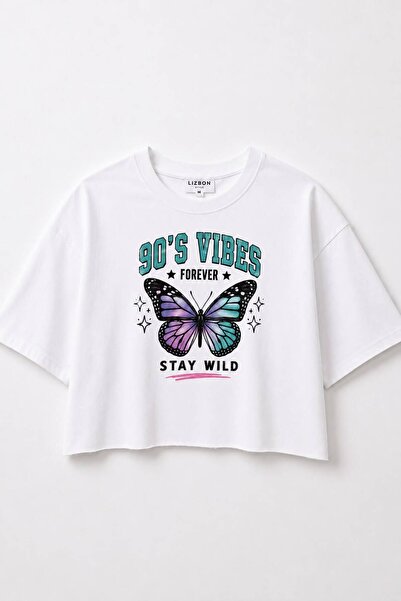 Lizbon Style Γυναικείο Crop T-shirt με στάμπα πεταλούδας, Oversize, άνετη εφα...
