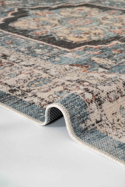 Oriente Home Arvena Serisi Retro Mavi Şönil Makine Halısı Kaymaz Taban Yıkanabilir Salon Halısı 5004