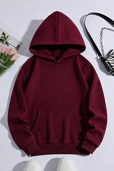BYMEER Burgundy Plain Hooded Oversized Sweatshirt