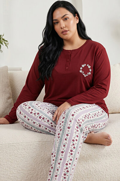 Siyah İnci Patterned Embroidered Buttoned Cotton Lycra Large Size Oversized K...