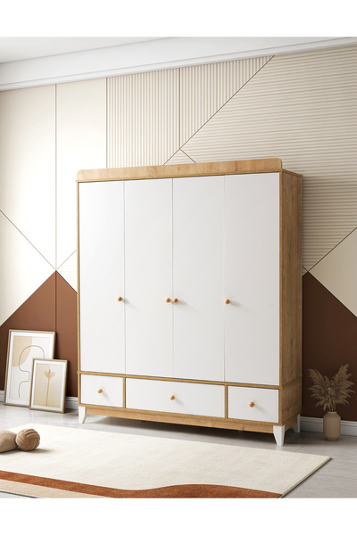 Seka Design Vena 4 Kapılı 3 Çekmeceli Gardırop Ahşap Gövdeli Beyaz Kapaklı El...