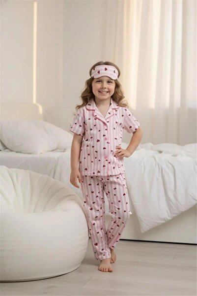 LUFFY KİDS Pink Patterned Cotton Front Buttoned Eyelet Short Sleeve Pajama Se...