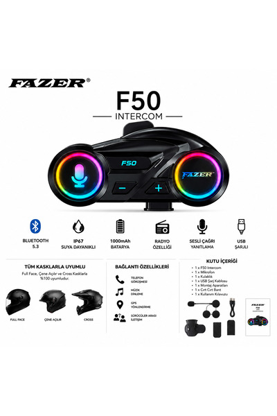 FAZER F50 Bluetooth 5.3 Motosiklet Kask İnterkomu IP67 Suya Dayanıklı 1000 mAh