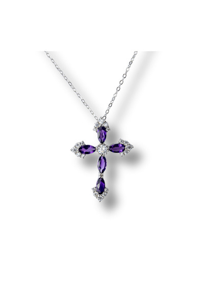 craftmystic Колие от сребро 925 с кръст от натурален аметист и цирконий - Сим...