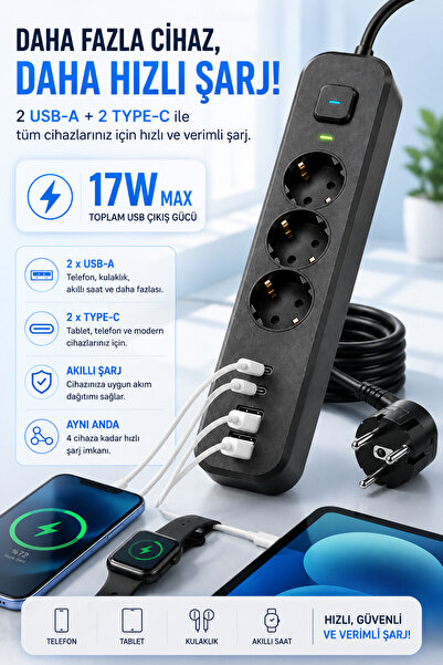 Merwish Akım Korumalı Çoklu Priz 3680W 16A 230V, 3 Topraklı Priz, 2 USB-A, 2 Type-C, 17W Şarj, Aç/Kapat Anahtarlı