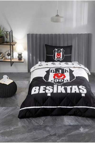 Taç Lisanslı Beşiktaş Logo Pamuk Yorgan Seti Tek Kişilik (Dolgulu Yastık Hedi...