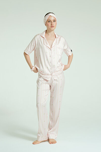 WAQUIN Kısa Kol 4 Parça Saten Pijama Takımı - Blush Tulip