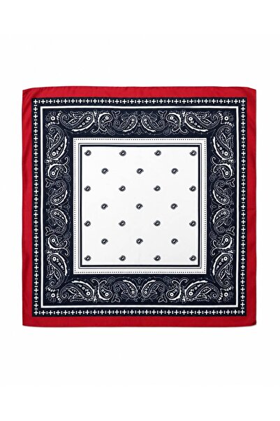 Axesoire 13749-7 Kırmızı Kenarlıklı Lacivert Saten Bandana Fular 70x70 cm