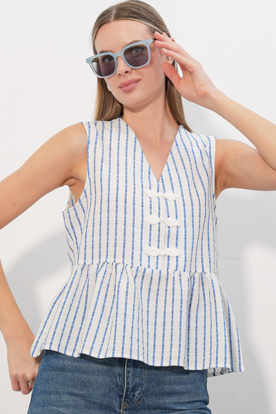 Bigdart Women's Button Detailed Striped Blouse 40037 - Blue
