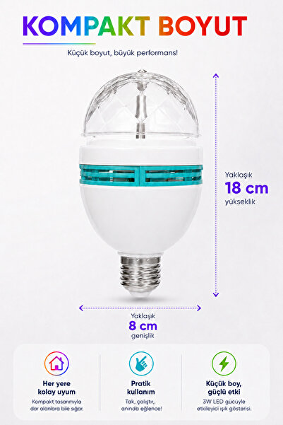 ALFAGİFT 360° Dönen RGB LED Disko Topu Parti Ampulü E27 3W Renkli Işık Ev Parti Doğum Günü Dekorasyon