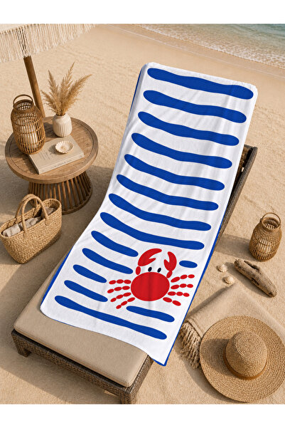 Evmila Sailor Blue Striped Crab Patterned 70X150 Beach Towel - Digital Printe...
