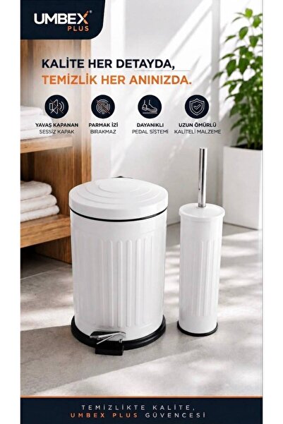 UMBEX PLUS VİNTAGE BEYAZ SET AMORTİSÖRLÜ YAVAŞ KAPANIR ÇÖP KOVASI FIRCA 5 LT