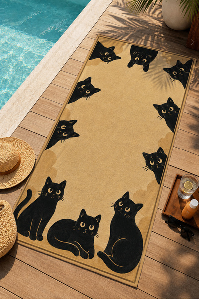 Evmila Minimal Black Cat Figured Beige Patterned 70X150 Beach Towel - Digital...