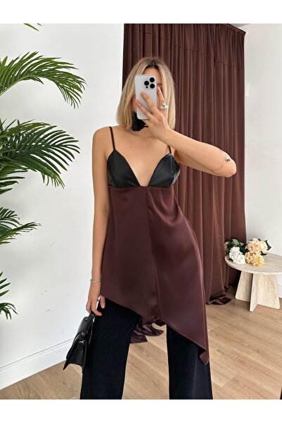 Moda Days Γυναικείο φόρεμα σε καφέ χρώμα με λαιμόκοψη V, ασύμμετρη κοπή και λ...