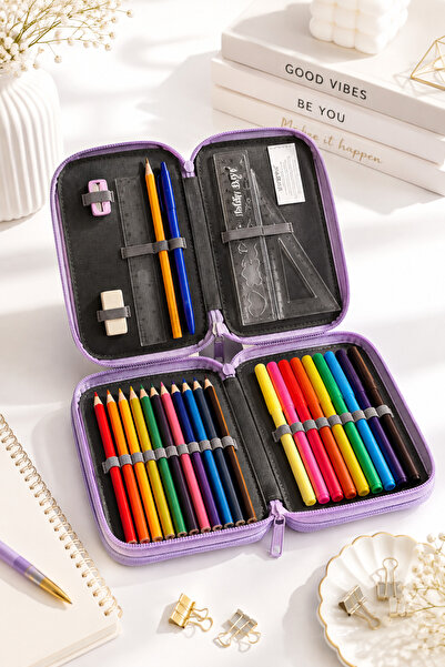 Generic Brand Penar Echipat Dublu pentru Fete Always Shine, Negru/Lila cu Rec...