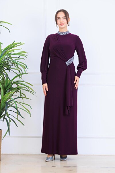 SUBU TASARIM Sandy Fabric Flexible Collar and Waist Stone Detailed Plus Size ...