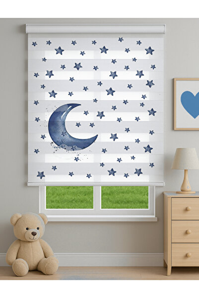 Home Gece Temalı Ay ve Yıldız Desenli Zebra Stor Perde - Erkek Çocuk Odası İç...