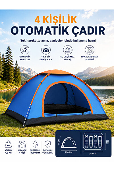 ROBEVE 4 Kişilik Tam Otomatik Kamp Çadırı 220 x 250 x 165 cm | Hızlı Kuruluml...