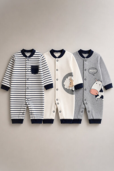 zumino Lamb and Cow Patterned Cotton Newborn 3-Piece Romper Set with Snap Cuffs