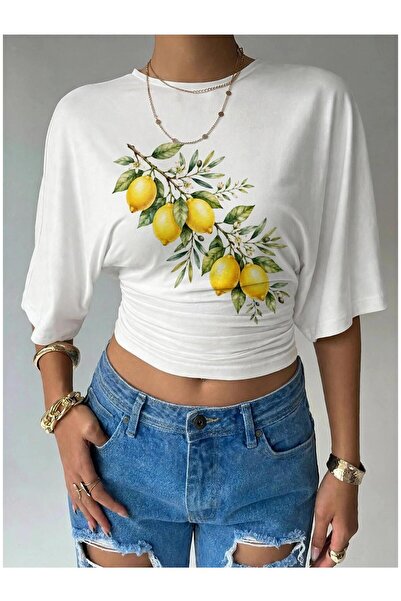 PERISENSE Women's Lycra Bat Sleeve Crop T-Shirt, Fitted at the Waist, Stretch...