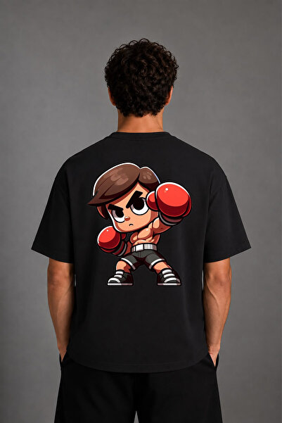 VSRN Tricou oversize negru cu imprimeu pe spate, design Anime Boxer