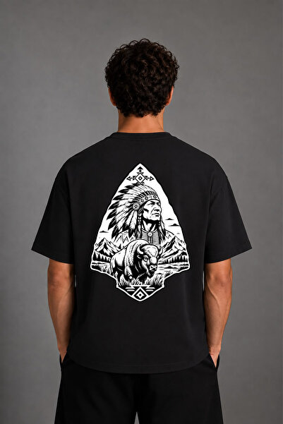 VSRN Tribal Man Design Back Printed Black Oversize T-Shirt