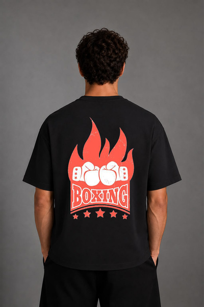 VSRN Flame Boxing Design Back Printed Black Oversize T-Shirt