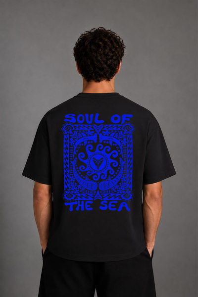 VSRN Tricou oversize negru cu imprimeu pe spate, design Soul Of Sea