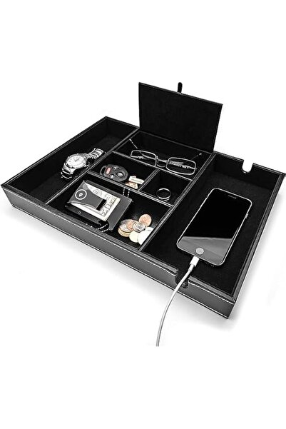 Mantello Valet Tray Nightstand Organiser Charging Station Leather 6 Compartme...
