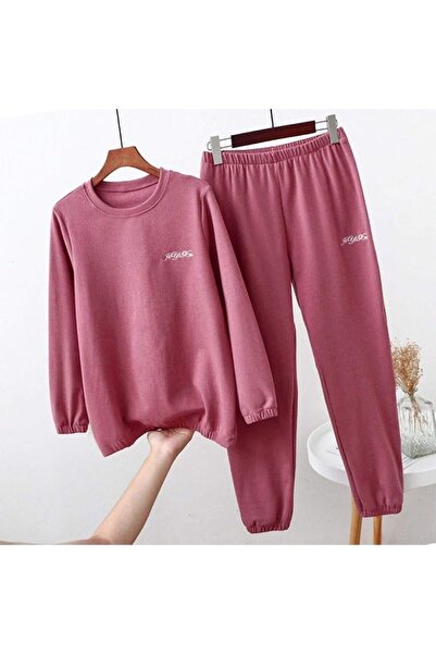 GENERAL Women's Pink Winter Pajamas Set - Classic, Solid, Long Sleeve, Round ...