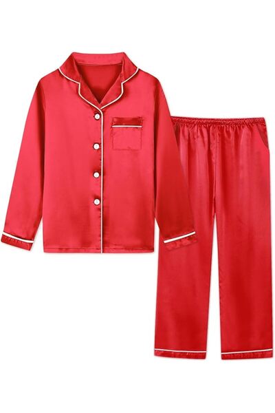 GENERAL Schbbbta Girls Boys Satin Pajamas Set, 2Piece Silk Nightwear Button-D...