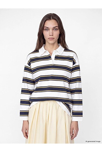 LC Waikiki Mixed Polo Collar Striped Oversize Women's Sweatshirt Tunic (W6)