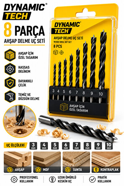 DynamicTech Profesyonel 8 Parça Ahşap Delme Uç Seti 3-10 mm Matkap Ucu Mdf Su...