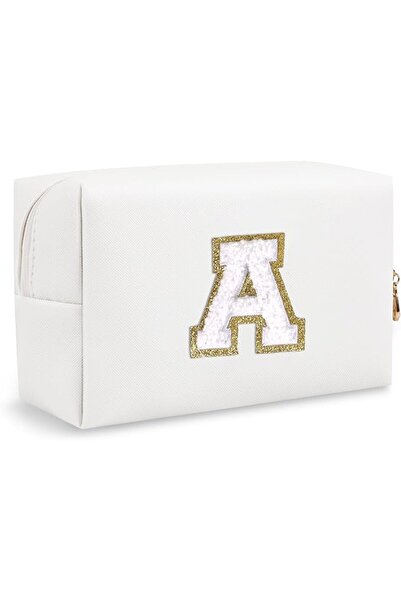 ChaoGreat Personalized Makeup Bag Initial A-Z Preppy Patch Bag,Small PU Leath...