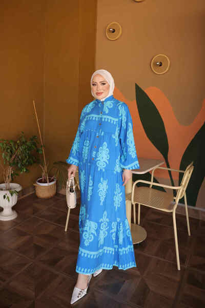 İmajButik Μπλε φόρεμα βισκόζης με μισά κουμπιά στα μανίκια και ελαστική φούστ...